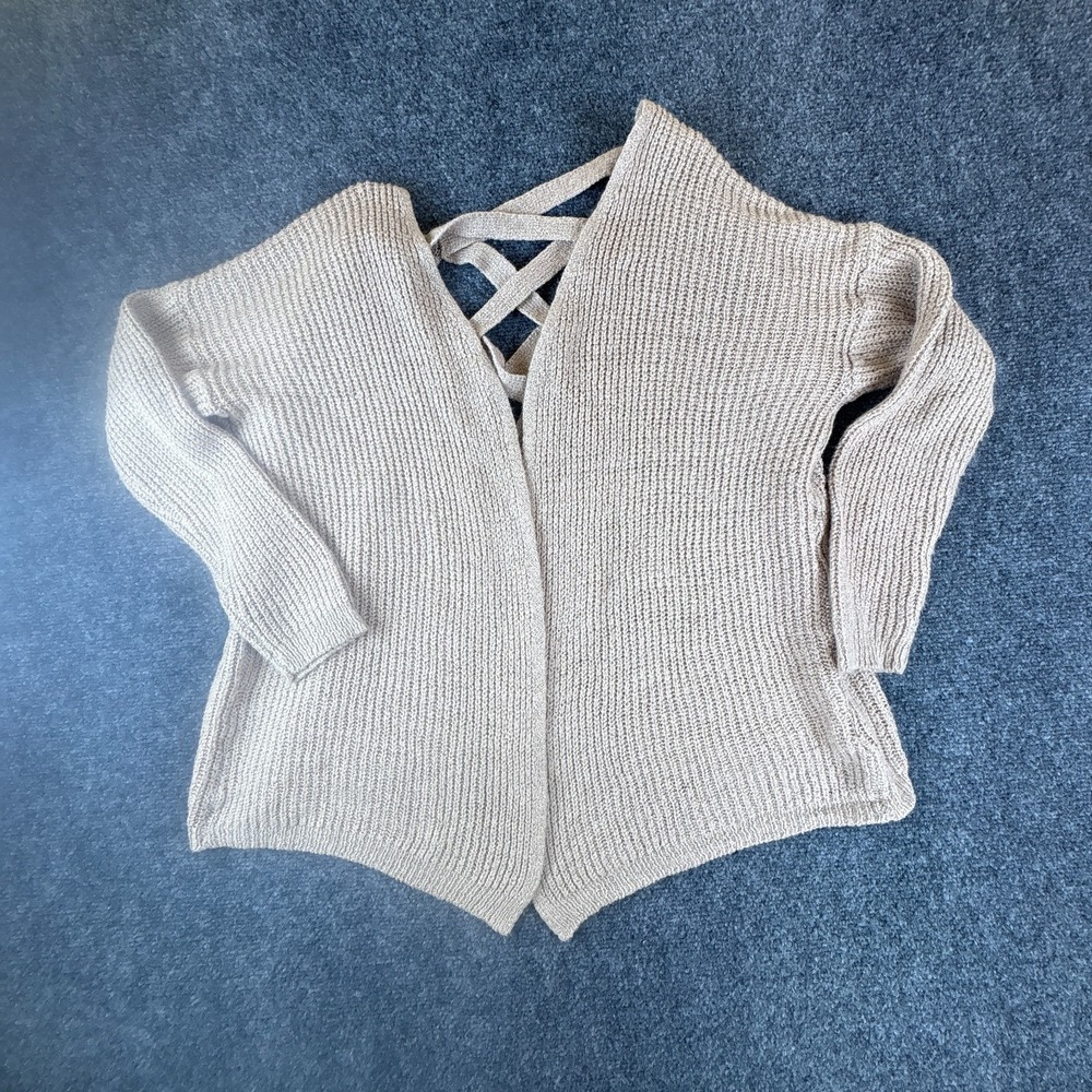 Dreamers Cardigan Sweater Women Medium Beige Ribbed Knit Cotton Criss Cross Back